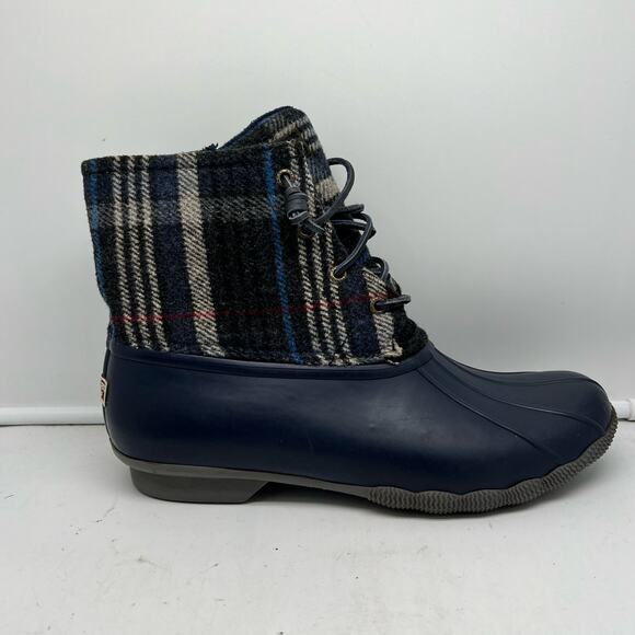 Sperry Saltwater Boots Womens 11 Plaid Blue Waterproof Rain Duck - Picture 1 of 11